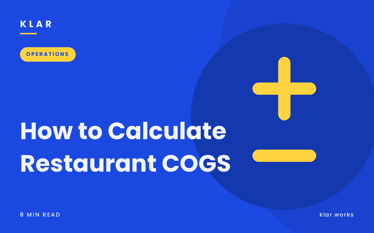 Klar blog cover: How to Calculate Restaurant COGS, electric blue with a plus-minus formula motif