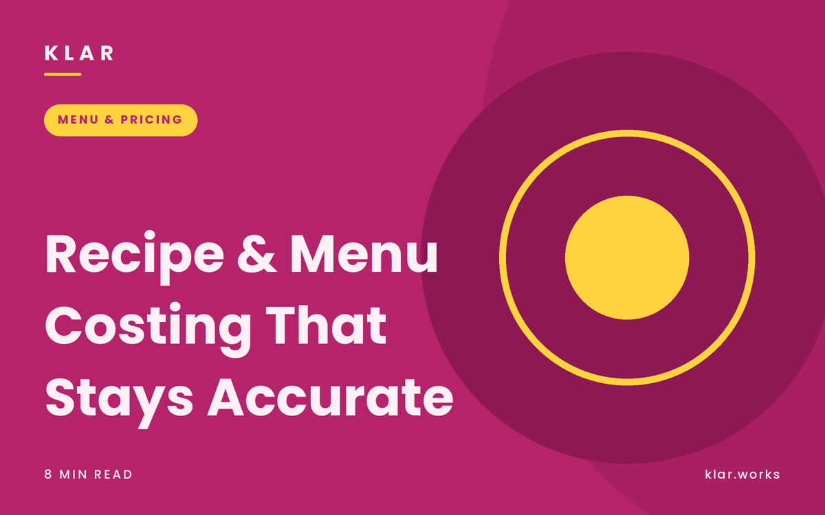 Klar blog cover: Recipe and Menu Costing, berry magenta with a plate motif