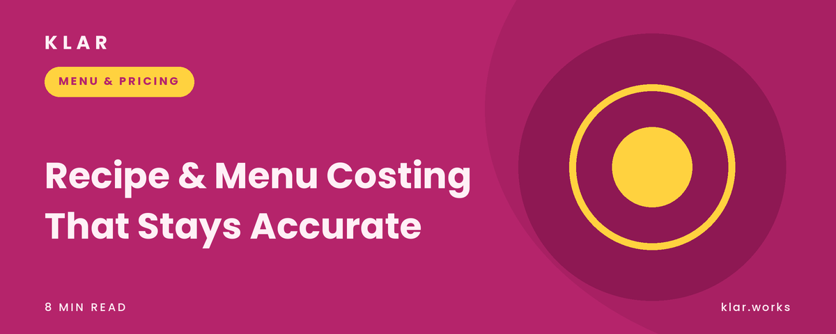 Klar blog cover: Recipe and Menu Costing, berry magenta with a plate motif