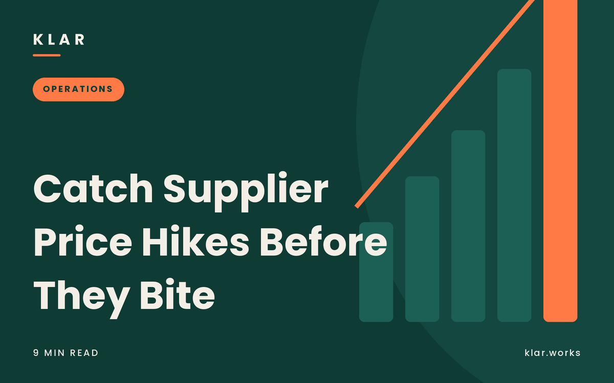 Klar blog cover: Catch Supplier Price Hikes, deep green with rising bars and an arrow