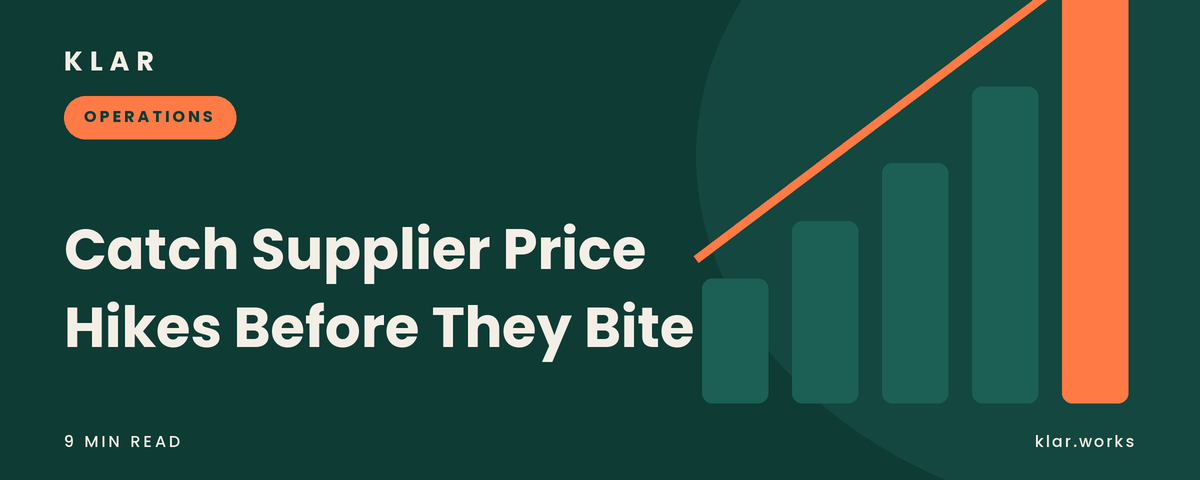 Klar blog cover: Catch Supplier Price Hikes, deep green with rising bars and an arrow